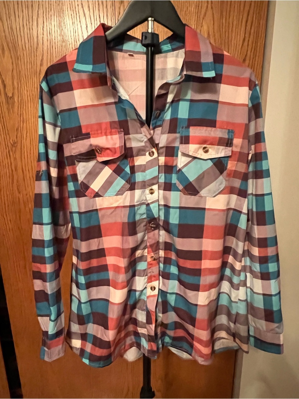 NWOT Women’s Plaid Button-Up Shirt in Teal, Coral & Navy